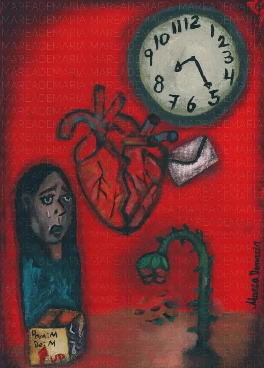 Pintura Para M: corazón, reloj y retrato